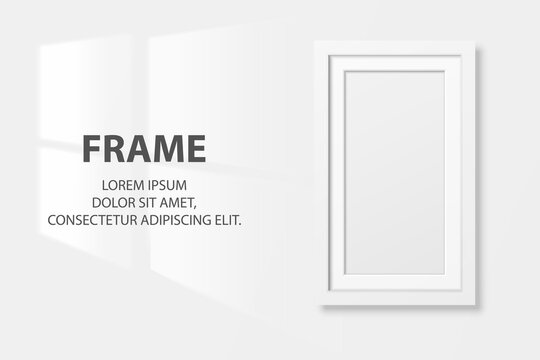 Vector 3d Realistic White Vertical Wooden Simple Modern Frame Icon Closeup Isolated on White Wall Background with Window Light. It can be used for presentations. Design Template, Mockup, Front View