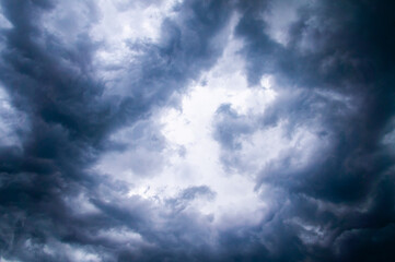 Scary beautiful storm clouds. Gloomy dark sky hurricane