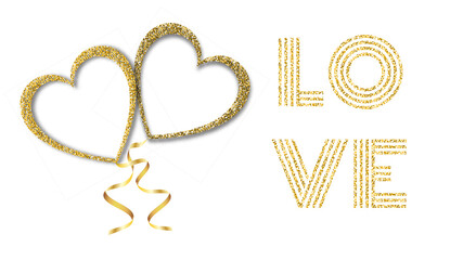 Beautiful abstract texture of golden glittering love hearts balloons and golden ribbons for Happy Saint Valentine's Day on white background and copy space for an inscription. Vector illustration