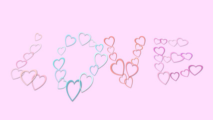The inscription love from beautiful abstract holiday hearts of different colors from colored paper for Happy Valentine's Day on a pink background and copy space. Vector illustration