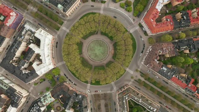 Aerial view Karlaplan Park, Square and Fountain in Stockholm, Sweden. Top down.