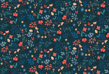 A lot of cute little flowers pattern on dark blue background