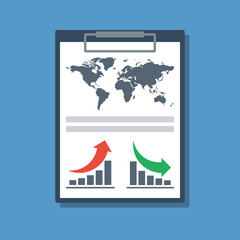 clipboard with world map and two business chart, flat vector forecast or report illustration