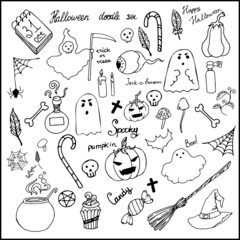 Happy Halloween hand drawn doodle symbols: carved pumpkin, witch hat and broom, cauldron, potion, ghosts, skulls, bones candles, bats. Black outlines isolated on white background. Vector illustration.