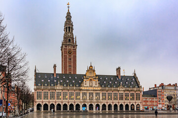 Fototapeta na wymiar Medieval-looking gothic building of the University Library in Leuven, Belgium