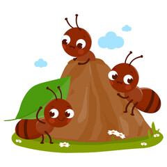 Ants on the anthill carrying food into their nest. Vector illustration