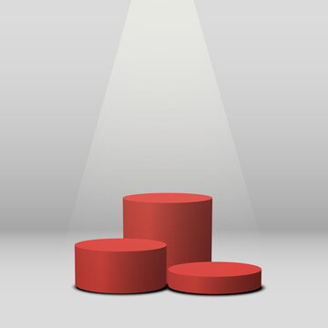 red podium for product in room.