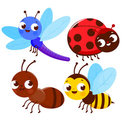 Set of cute bugs. A dragonfly, a ladybug, an ant and a bee. Vector illustration