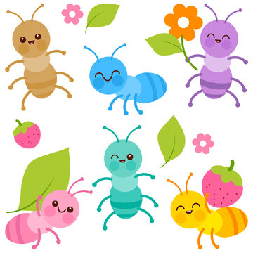 Cute baby ant bugs carrying food. Vector illustration