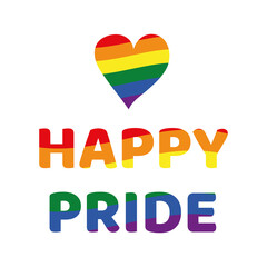 Rainbow Happy Pride sign with heart. LGBT Pride Month in June. Symbol of lesbian, gay, bisexual, transgender, and queer. LGBT movement. LGBTQ community. Celebrated annual. Vector illustration