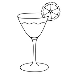 A refreshing cocktail. Martini with a slice of lime. Vector illustration. Glass with an alcoholic drink. Sketch. Light aperitif. Outline on an isolated white background. Doodle style. Wine.
