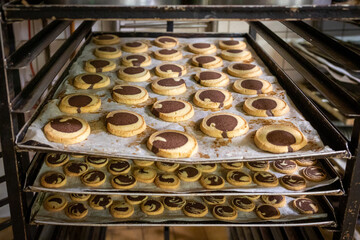 many fresh baked goods are on baking trays in a bakery