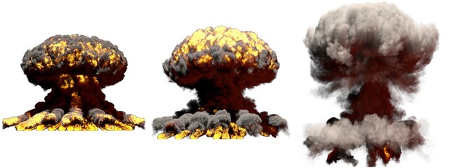 3D illustration of explosion - 3 large different phases fire mushroom cloud explosion of thermonuclear bomb with smoke and flame isolated on white