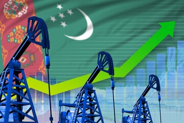 growing graph on Turkmenistan flag background - industrial illustration of Turkmenistan oil industry or market concept. 3D Illustration