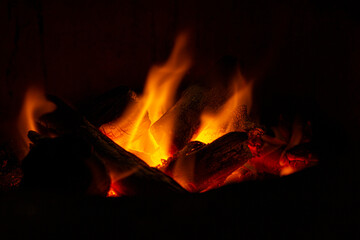 Fototapeta premium Empty Charcoal grill with open fire light at night
