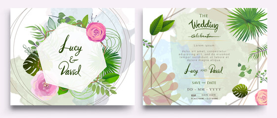 Fototapeta na wymiar Wedding Invitation, Invitation card with floral and green tropical leaves, modern card Design, decorative wreath & frame pattern. Vector elegant watercolor template
