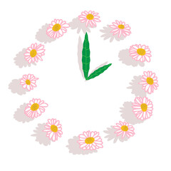 Creative image of a clock made of daisies.Arrows from the leaves.Concept of time to check your health is priceless.Medical consultation,fertility,womens health,public health. Vector isolated on white.
