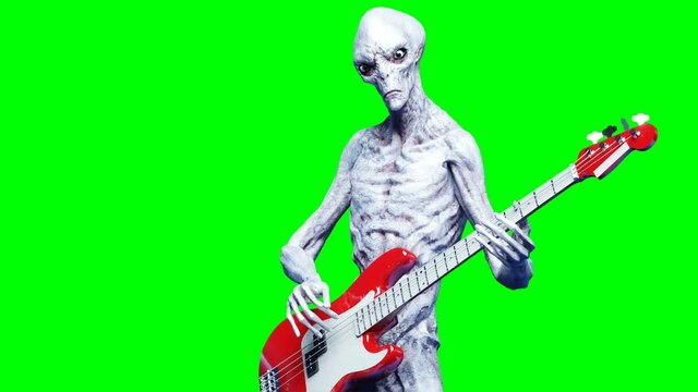 Funny alien plays on bass guitar. Realistic motion and skin shaders. 4K green screen footage.