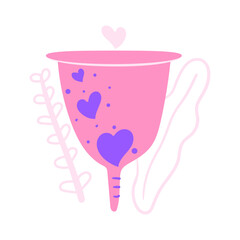Pink menstrual cup for woman in critical days with leaves and hearts, zero waste, eco protection. Flat vector illustration.