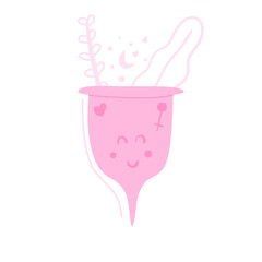 Menstrual cup, zero waste, eco protection for woman in critical days. Gentle vector illustration. Hand drawn flat concept.