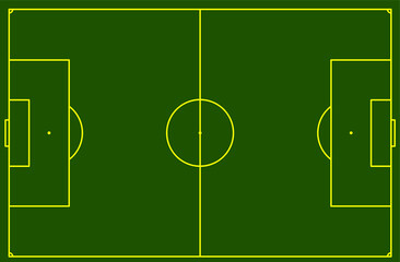 Soccer or Football field drawn with yellow lines with Dark Green background 