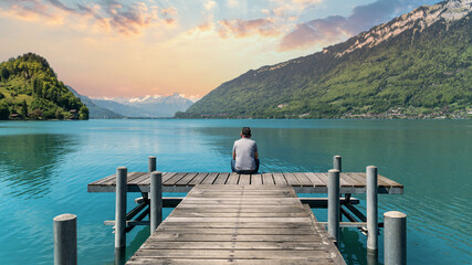 The Pier into the lake Brienzersee in village of Iseltwald Switzerland