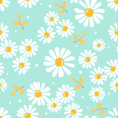 Seamless pattern with daisies and leaves on pastel green background vector.