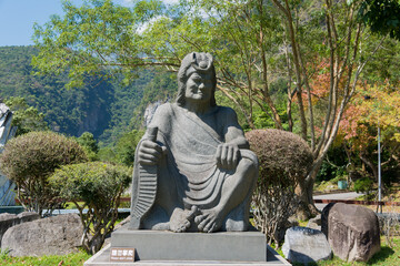 Statue of Taroko people at Taroko National Park Visitor Center in Taroko National Park, Xiulin, Hualien, Taiwan.