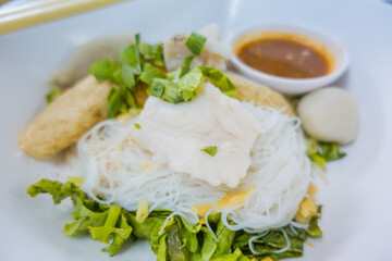 Asian style noodle with fish and fishball closeup