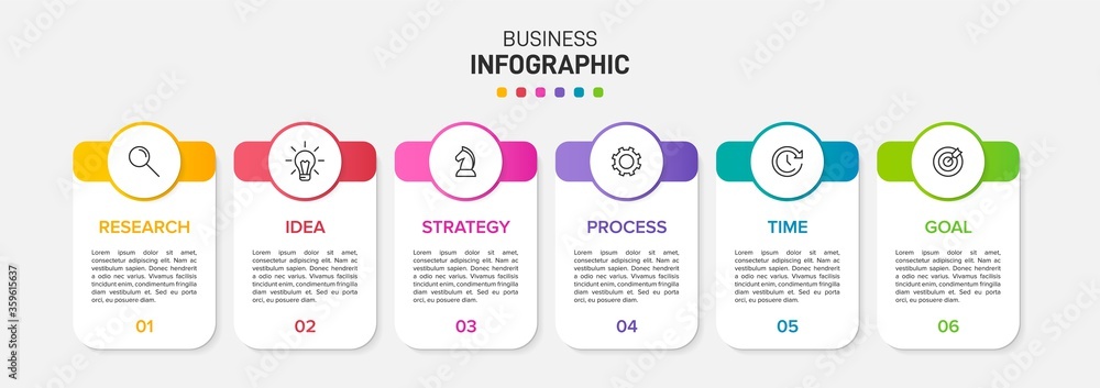 Poster concept of arrow business model with 6 successive isometric steps. six colorful graphic elements. ti