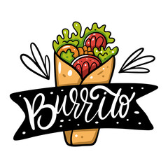 Burrito mexican food. Hand drawn flat vector illustration. Isolated on white background.