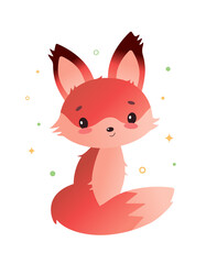 Cute pretty baby fox sitting and smiling. Vector illustration in cartoon style