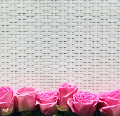 Pink roses on a wicker bamboo background