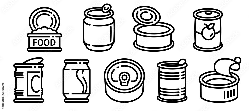 Poster tin can icons set. outline set of tin can vector icons for web design isolated on white background