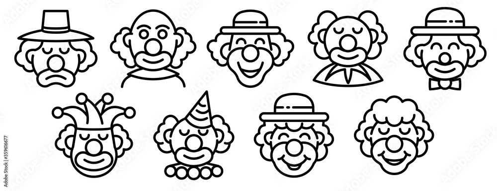 Poster clown icons set. outline set of clown vector icons for web design isolated on white background
