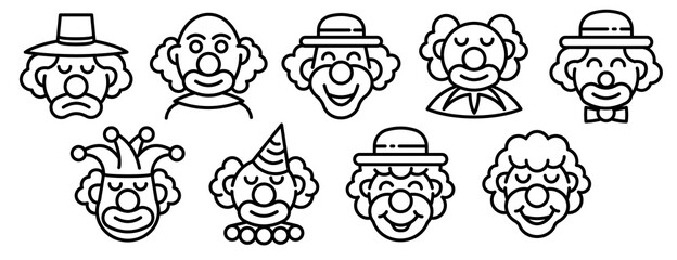 Clown icons set. Outline set of clown vector icons for web design isolated on white background