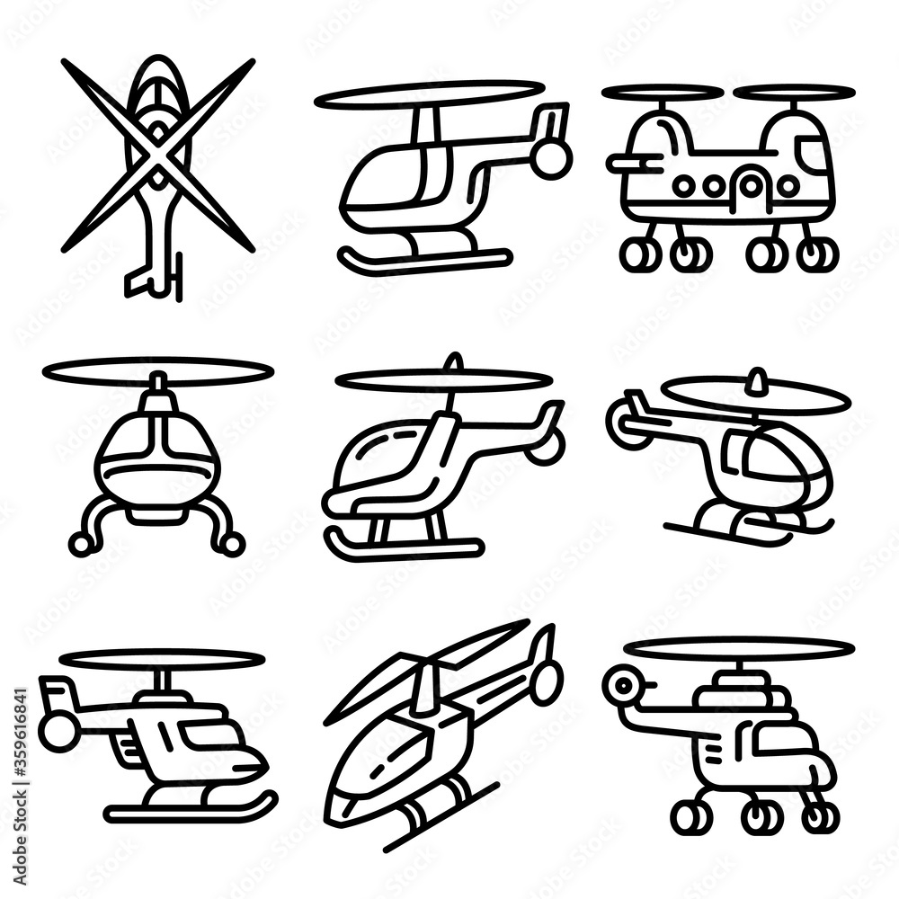 Poster helicopter icons set. outline set of helicopter vector icons for web design isolated on white backgr