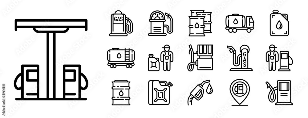 Poster petrol station icons set. outline set of petrol station vector icons for web design isolated on whit
