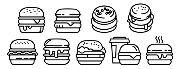 Burger icons set. Outline set of burger vector icons for web design isolated on white background