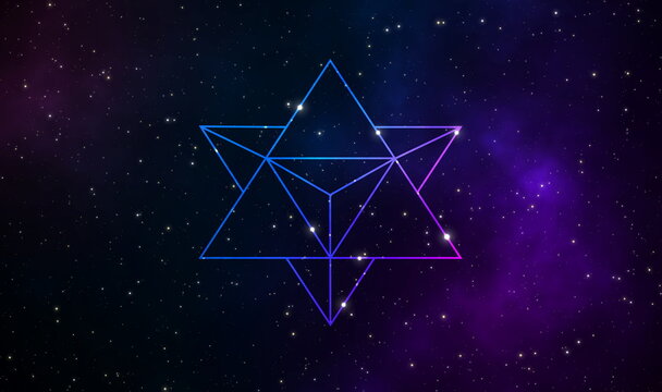 Star tetahedron or merkaba geometry sign on galaxy background