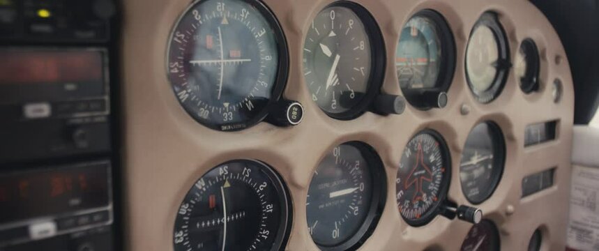 Instrumental panel or dashboard of flying small airplane plane or sport aircraft on a flight instruments close up