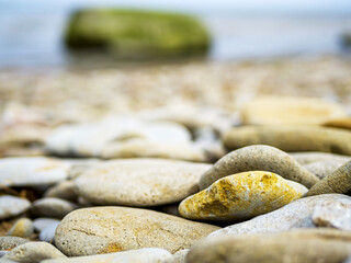 Selective focus. Coast. Spa stones, sea beach. Coast. many Stones on the beach and sea water in sunset light. 