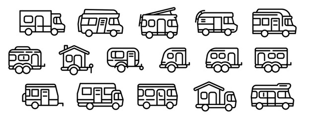 Fototapeta premium Motorhome icons set. Outline set of motorhome vector icons for web design isolated on white background
