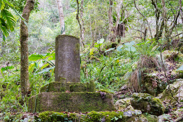 Monument of policeman who died on duty at Cliff Outpost ruins at Zhuilu Old Road in Taroko National Park, Xiulin, Hualien, Taiwan.