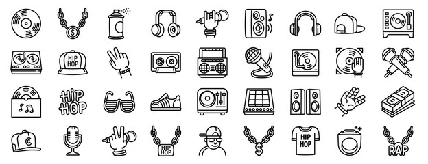 Hiphop icons set. Outline set of hiphop vector icons for web design isolated on white background - obrazy, fototapety, plakaty