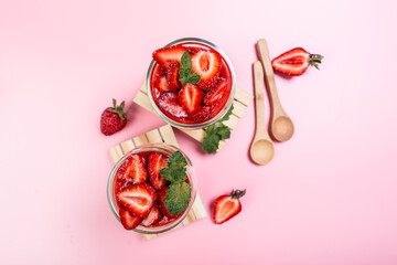 Italian dessert. Strawberry panna cotta on a pink background. banner menu recipe place for text. top view