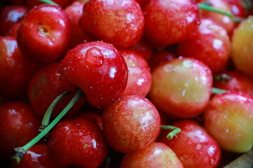 delicious juicy cherries in drops of water