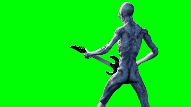 Funny alien plays on electric guitar. Realistic motion and skin shaders. 4K green screen footage.