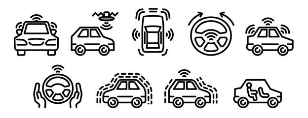 Driverless car icons set. Outline set of driverless car vector icons for web design isolated on white background