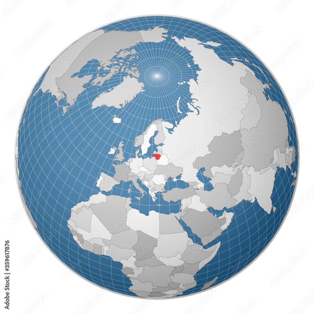 Poster globe centered on lithuania. country highlighted in green on world map. satellite world projection. 